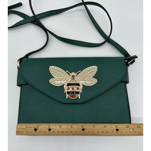 Bumble Bee Purse Shoulder Bag Green Queen Embellished Faux Pearl Rhinestone - Picture 10 of 12